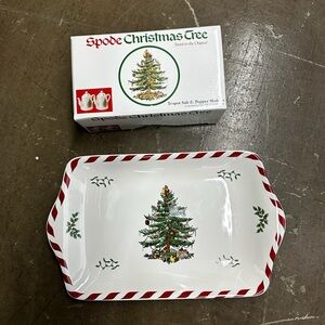 Spode Christmas tree peppermint dessert tray & teapot salt and pepper shaker set
